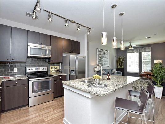 Interior, Kitchen, Pendant Lights, Stainless Steel Appliances, Wood Texture Flooring