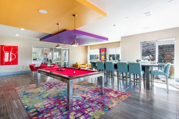 Billiard Table, Dining room, Game Room, Interior, Pendant Lights, Recessed Lighting, Wood Texture Flooring