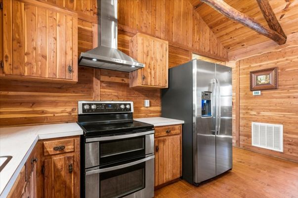 Interior, Kitchen, Stainless Steel Appliances, Wooden Beams, Wooden Ceilings, Wood Texture Flooring, Wooden Walls