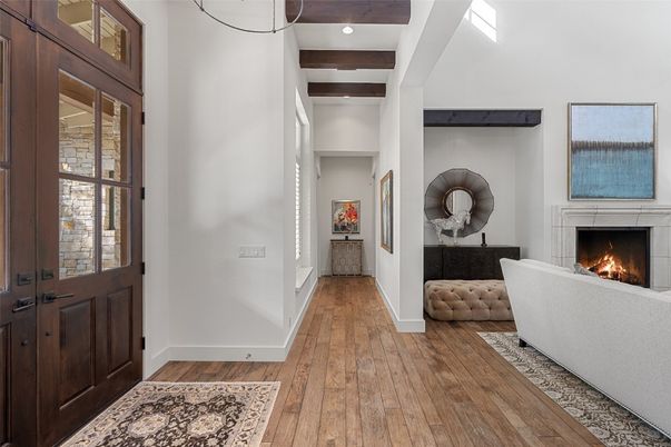 Fireplace, Interior, Recessed Lighting, Wooden Beams, Wood Texture Flooring