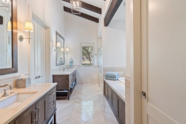 Bathroom, Dual Sink Vanities, Interior, Wooden Beams, Wood Texture Flooring