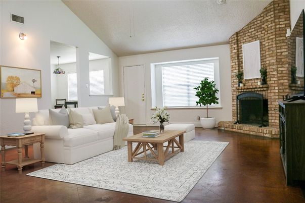 Fireplace, Interior, Living room, Pendant Lights, Stone Walls, Wood Texture Flooring