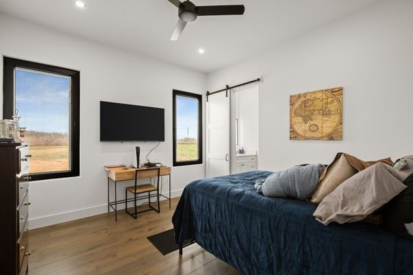 Bedroom, Interior, Recessed Lighting, Wood Texture Flooring
