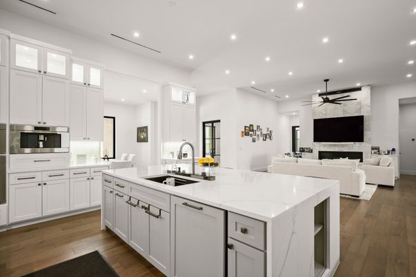 Fireplace, Interior, Kitchen, Living room, Recessed Lighting, Stainless Steel Appliances, Wood Texture Flooring