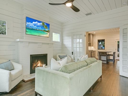 Dining room, Fireplace, Interior, Living room, Recessed Lighting, Wood Texture Flooring