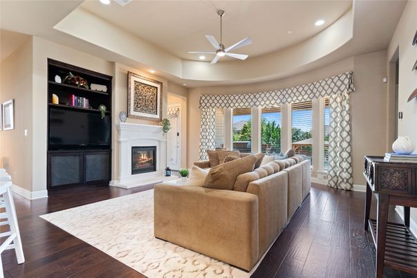 Fireplace, Interior, Living room, Recessed Lighting, Wood Texture Flooring