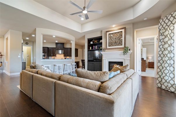 Fireplace, Interior, Kitchen, Living room, Recessed Lighting, Wood Texture Flooring