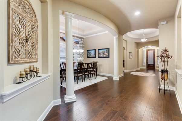 Dining room, Interior, Pendant Lights, Recessed Lighting, Wood Texture Flooring