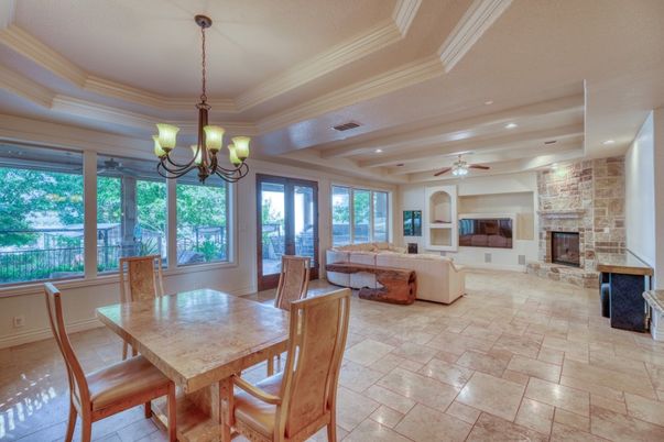 Chandelier, Dining room, Fireplace, Interior, Living room, Recessed Lighting