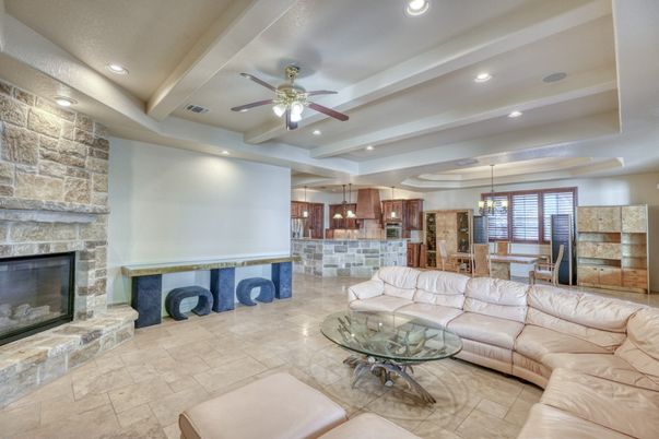 Dining room, Fireplace, Interior, Kitchen, Living room, Pendant Lights, Recessed Lighting, Stone Walls