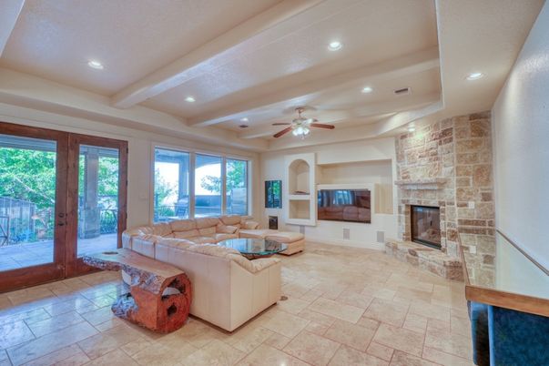 Fireplace, Interior, Living room, Recessed Lighting, Stone Walls
