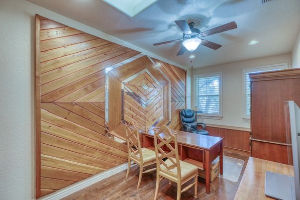 Home Office, Interior, Recessed Lighting, Wood Texture Flooring, Wooden Walls