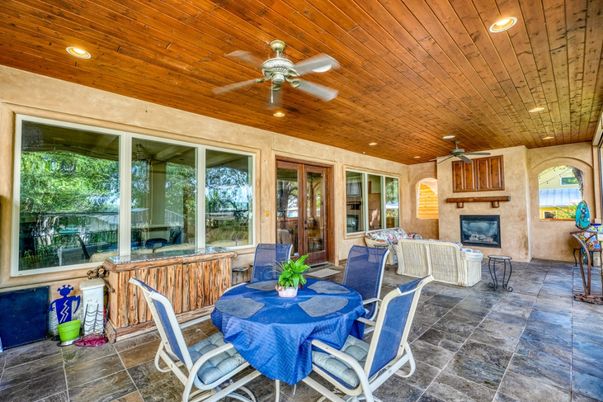 Dining room, Fireplace, Interior, Recessed Lighting, Wooden Ceilings