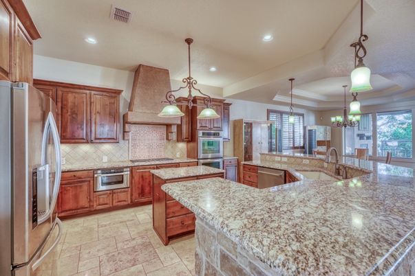 Chandelier, Interior, Kitchen, Pendant Lights, Recessed Lighting, Stainless Steel Appliances