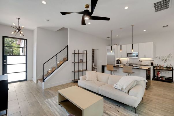 Dining room, Interior, Kitchen, Living room, Pendant Lights, Recessed Lighting, Stainless Steel Appliances, Wood Texture Flooring