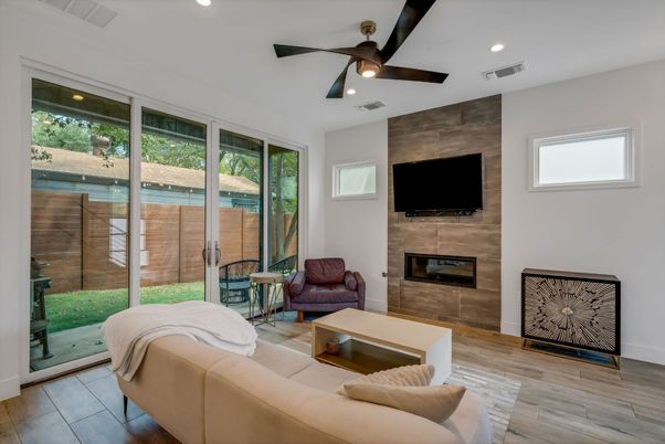 Fireplace, Interior, Living room, Recessed Lighting, Wood Texture Flooring