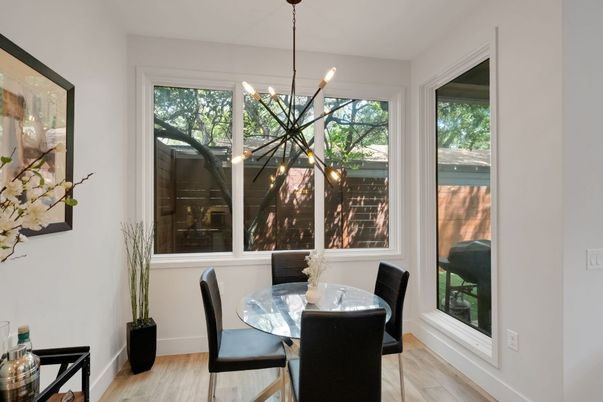 Dining room, Interior, Pendant Lights, Wood Texture Flooring