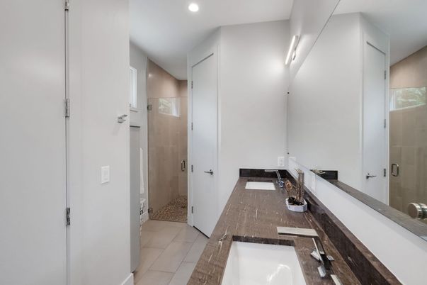 Bathroom, Dual Sink Vanities, Glass Shower, Interior, Recessed Lighting
