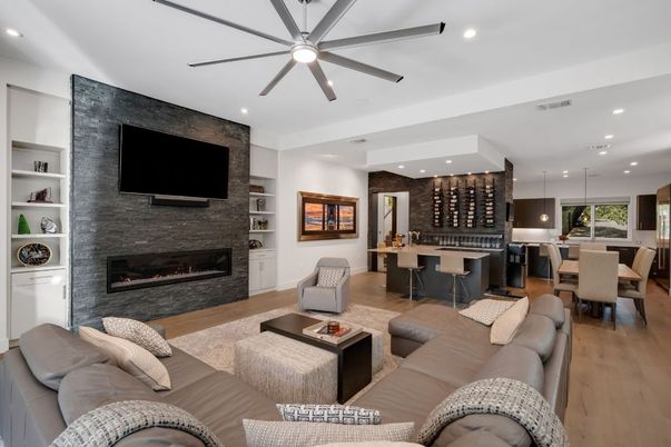 Dining room, Fireplace, Interior, Kitchen, Living room, Pendant Lights, Recessed Lighting, Wood Texture Flooring