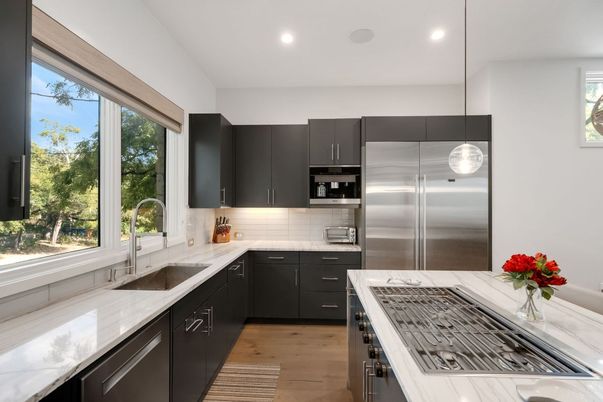 Interior, Kitchen, Pendant Lights, Recessed Lighting, Stainless Steel Appliances, Wood Texture Flooring