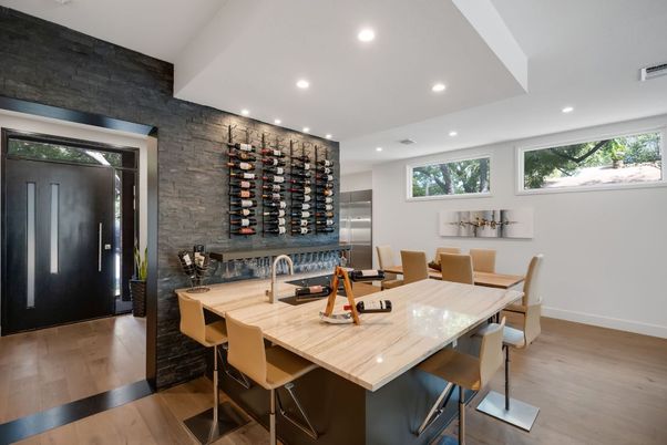 Dining room, Interior, Recessed Lighting, Stone Walls, Wine Storage, Wood Texture Flooring