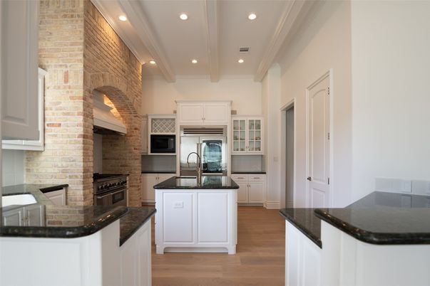 Interior, Kitchen, Recessed Lighting, Stainless Steel Appliances, Stone Walls, Wood Texture Flooring