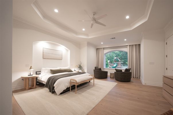 Bedroom, Interior, Recessed Lighting, Wood Texture Flooring