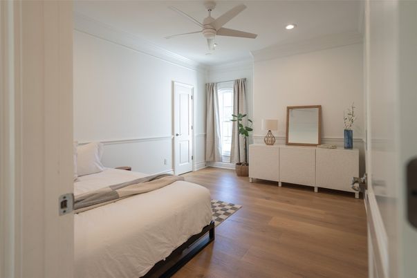 Bedroom, Interior, Recessed Lighting, Wood Texture Flooring