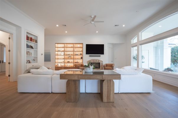 Fireplace, Interior, Living room, Recessed Lighting, Wood Texture Flooring