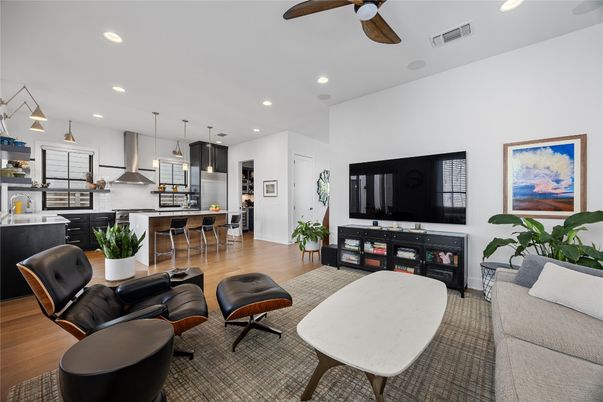 Interior, Kitchen, Living room, Pendant Lights, Recessed Lighting, Stainless Steel Appliances, Wood Texture Flooring