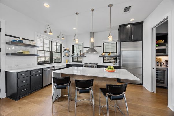 Interior, Kitchen, Pendant Lights, Recessed Lighting, Stainless Steel Appliances, Wood Texture Flooring