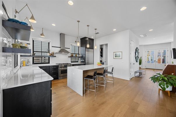 Interior, Kitchen, Pendant Lights, Recessed Lighting, Stainless Steel Appliances, Wood Texture Flooring