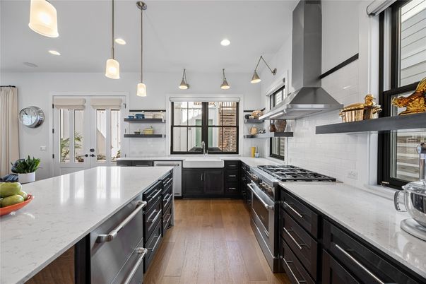 Interior, Kitchen, Pendant Lights, Recessed Lighting, Stainless Steel Appliances, Wood Texture Flooring
