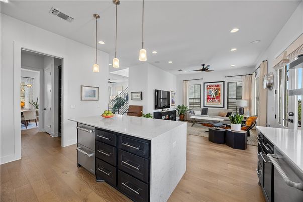 Interior, Kitchen, Living room, Pendant Lights, Recessed Lighting, Stainless Steel Appliances, Wood Texture Flooring