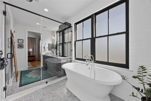 Bathroom, Free Standing Baths, Interior, Recessed Lighting, Wood Texture Flooring