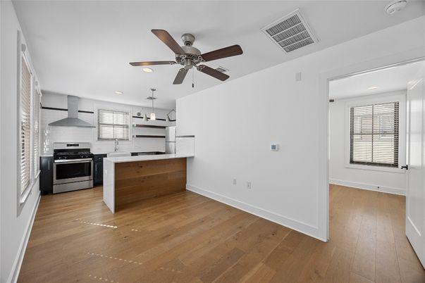 Interior, Kitchen, Pendant Lights, Recessed Lighting, Stainless Steel Appliances, Wood Texture Flooring