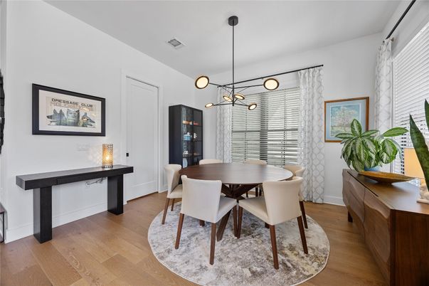 Dining room, Interior, Pendant Lights, Wood Texture Flooring