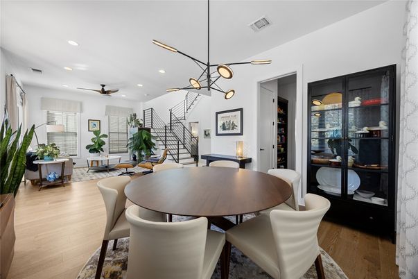 Dining room, Interior, Living room, Pendant Lights, Recessed Lighting, Wood Texture Flooring