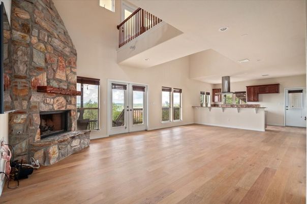 Fireplace, Interior, Kitchen, Recessed Lighting, Wood Texture Flooring