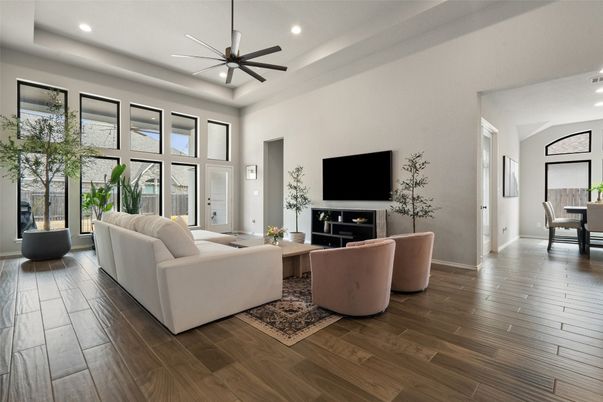 Dining room, Fireplace, Interior, Living room, Recessed Lighting, Wood Texture Flooring