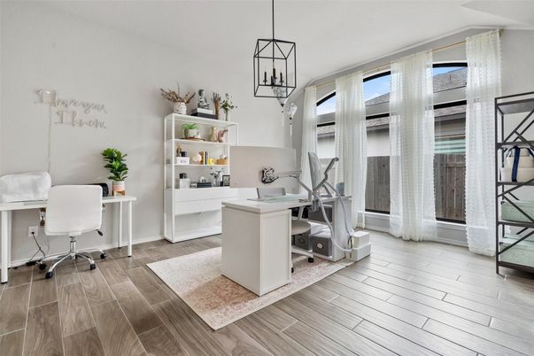 Home Office, Interior, Pendant Lights, Wood Texture Flooring