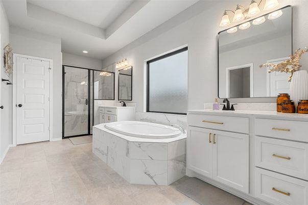 Bathroom, Dual Sink Vanities, Glass Shower, Interior, Marble Walls, Recessed Lighting