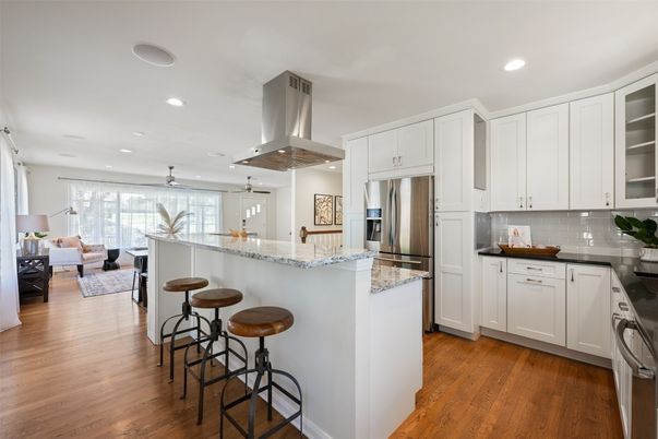 Interior, Kitchen, Living room, Recessed Lighting, Stainless Steel Appliances, Wood Texture Flooring
