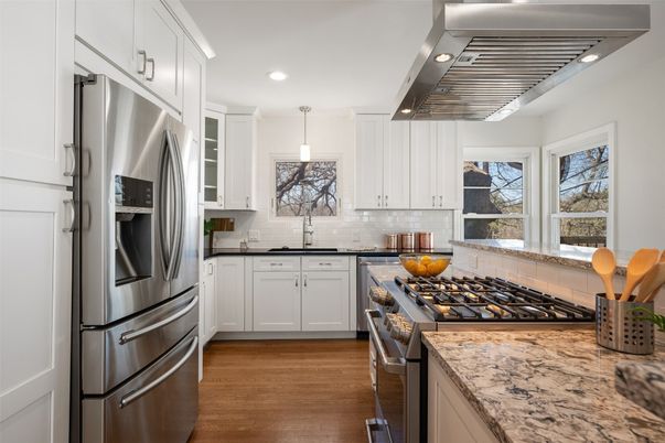 Interior, Kitchen, Pendant Lights, Recessed Lighting, Stainless Steel Appliances, Wood Texture Flooring