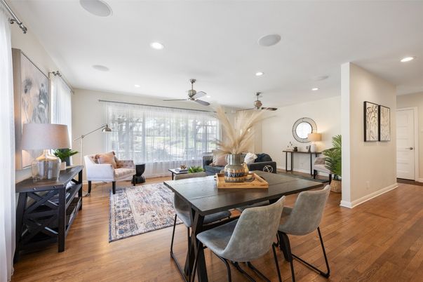 Dining room, Interior, Living room, Recessed Lighting, Wood Texture Flooring