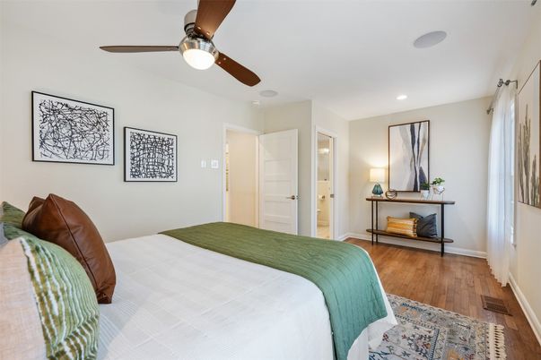 Bedroom, Interior, Recessed Lighting, Wood Texture Flooring