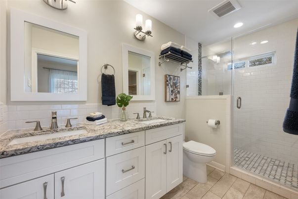 Bathroom, Dual Sink Vanities, Glass Shower, Interior, Recessed Lighting