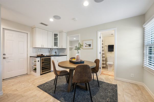 Dining room, Interior, Kitchen, Recessed Lighting, Wood Texture Flooring