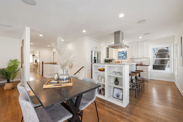 Dining room, Interior, Kitchen, Recessed Lighting, Stainless Steel Appliances, Wood Texture Flooring