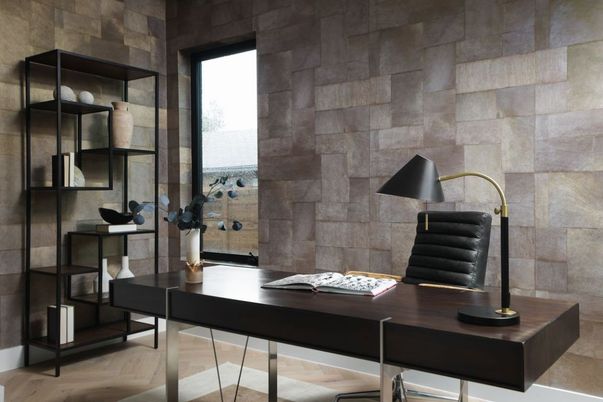 Home Office, Interior, Stone Walls, Wood Texture Flooring